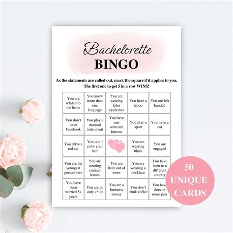 50 Printable Bachelorette Bingo Cards 5x7 Bachelorette Etsy