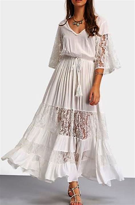 White Boho Maxi Dress White Lace V Neck Tie Waist Boho Maxi Dress Ann N Eve Exclusive Made