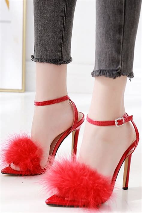 Red Faux Fur Ankle Strap Stiletto High Heel Sandals Heels High Heel