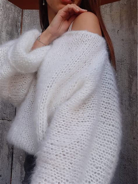 Fluffy White Mohair Sweater Loose Knit Sweater Sweater For Etsy