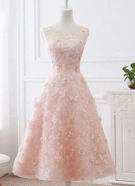 Charming Tea Length Light Pink Lace Wedding Party Dress Pink Party