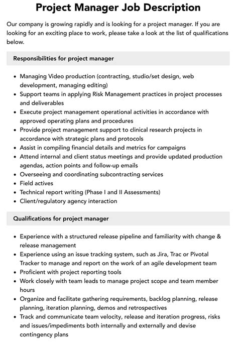 Project Manager Job Description Velvet Jobs