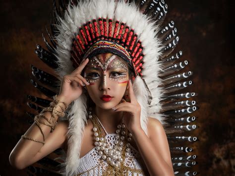 download makeup feather lipstick asian model woman native american hd wallpaper