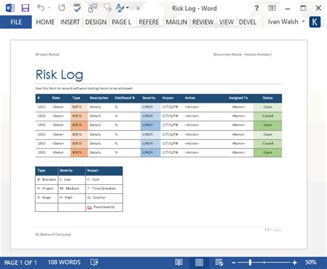 Risk Log Template Ms Word Software Testing Templates Forms