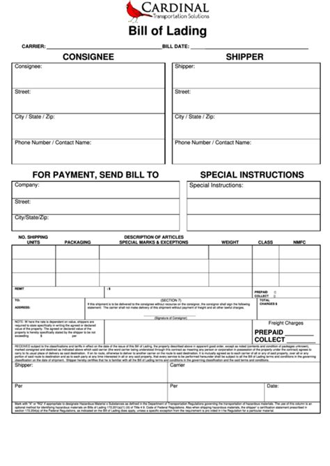 Printable Bill Of Lading Form