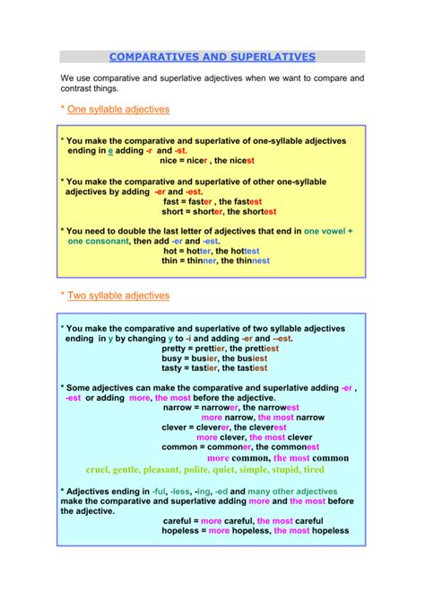 For most important comparative and superlative adjectives list Comparative and Superlative Grammar Guide