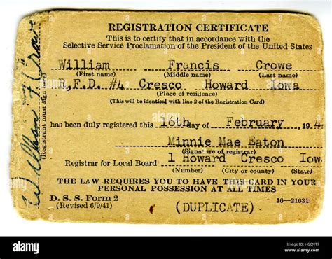 A 1941 Department Of Selective Service Registration Card Draft Card
