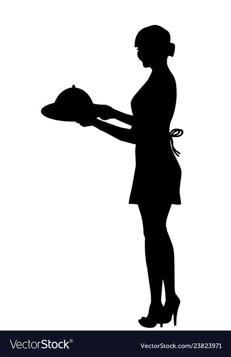Silhouette Waitress Carrying A Tray With Food Vector Image