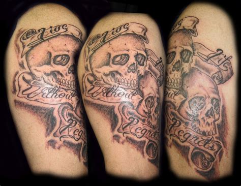Skull tattoo, banners tattoo, lettering tattoo, arm tattoo, mens tattoo | Tattoo lettering ...