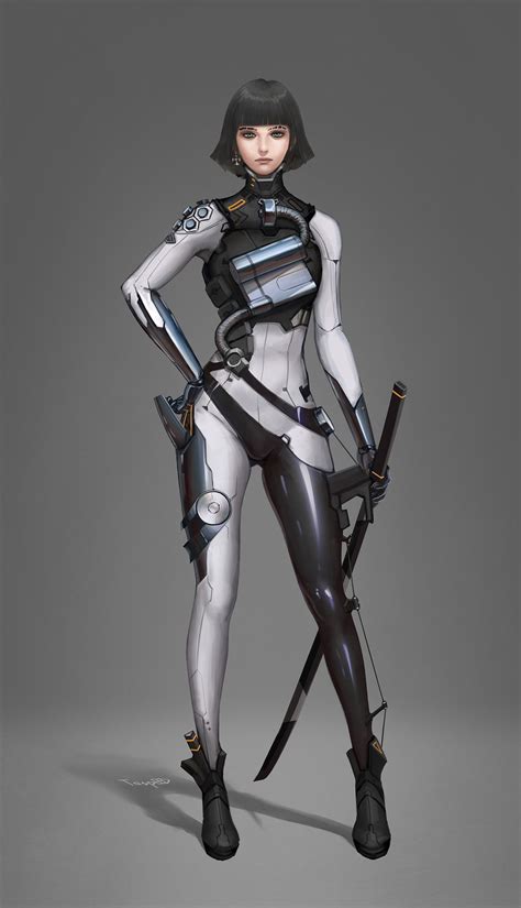 A Woman In Futuristic Garb Holding Two Swords