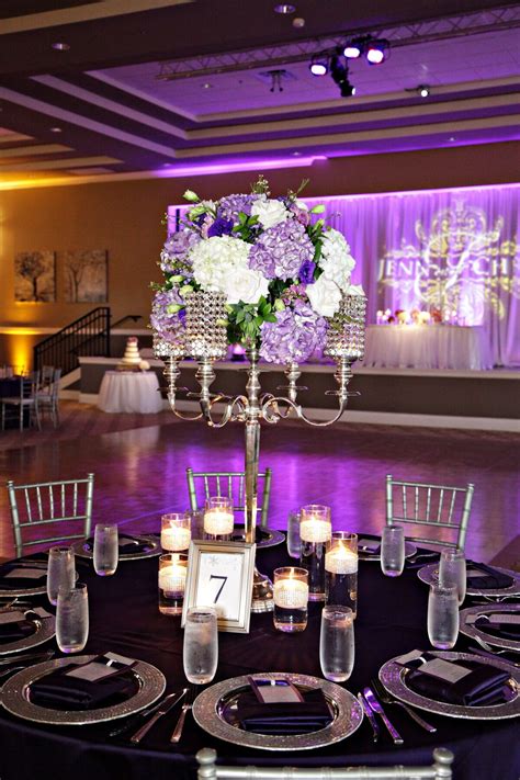 37 trendy purple wedding table decorations | table. Tall Silver Candelabra Centerpiece with Purple Accents