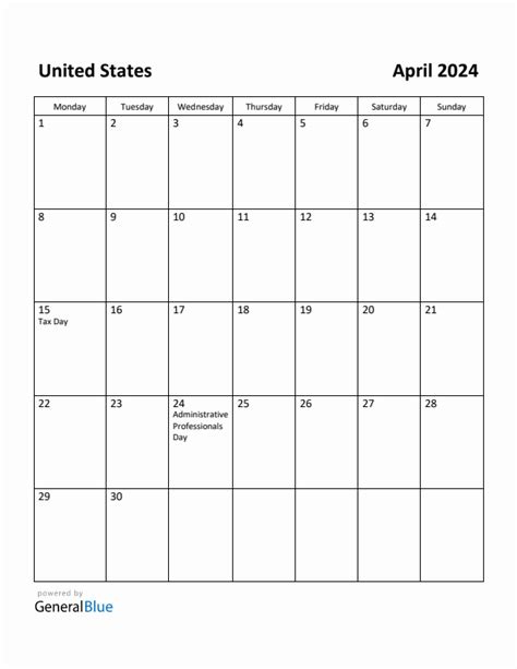 Free Printable April 2024 Calendar For United States