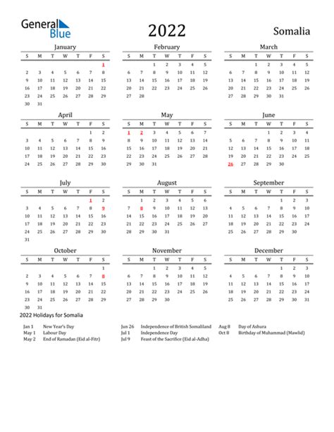 2022 Somalia Calendar With Holidays