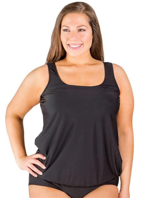 Women S Plus Size Blouson Tankini Swimsuit Top Black Walmart Com