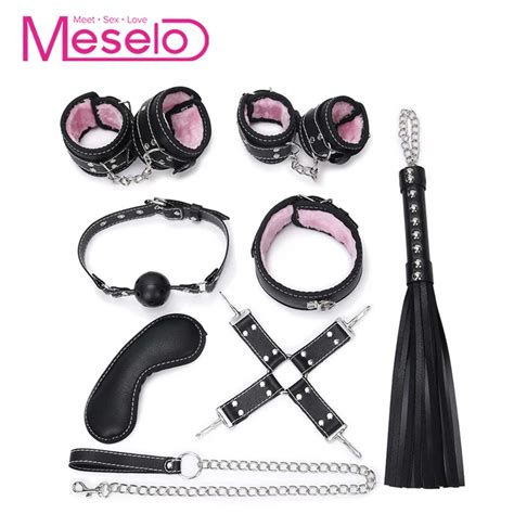 meselo 8 pcs set plush bdsm bondage sex game handcuff whip mouth gag ball slave adult sex toys