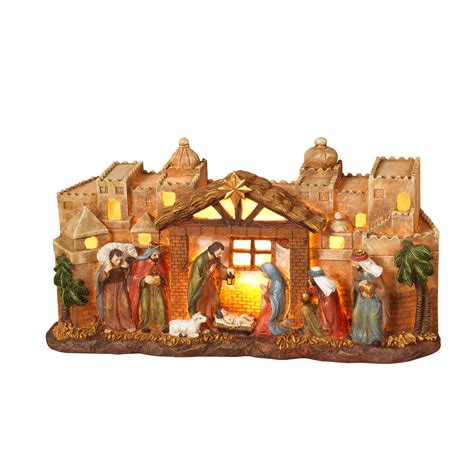 Lighted Nativity Scene With Manger And Bethlehem Backdrop