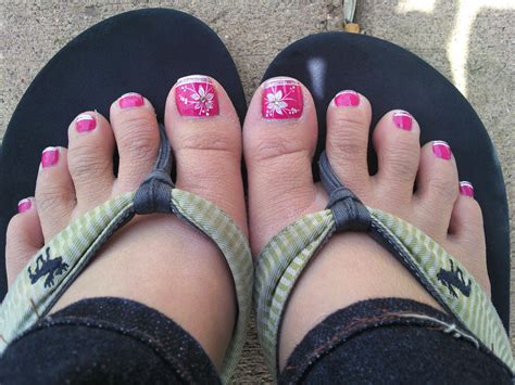 Summer Toes Pink With White Flowers And A Glittery French Tip Summer