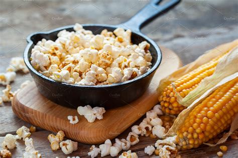 Prepared Popcorn In Frying Pan ~ Food And Drink Photos ~ Creative Market