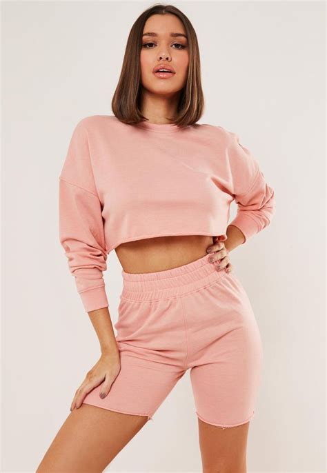 Pink Cropped Sweatshirt And Shorts Co Ord Set Missguided Comfy