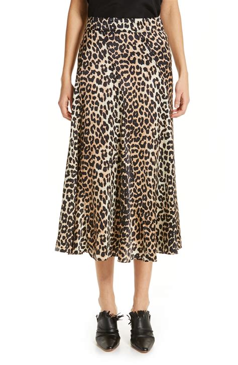 Ganni Leopard Print Stretch Silk Satin Midi Skirt Midi Skirt Satin