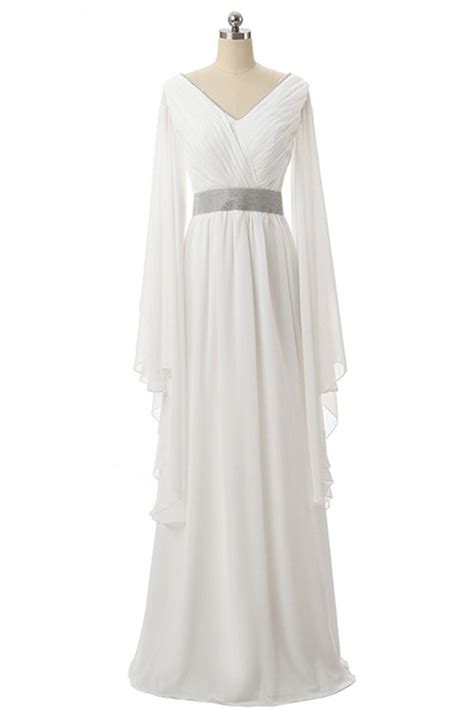 Elegant V Neck Long Sleeve White Chiffon Prom Dress With Beaded Sash