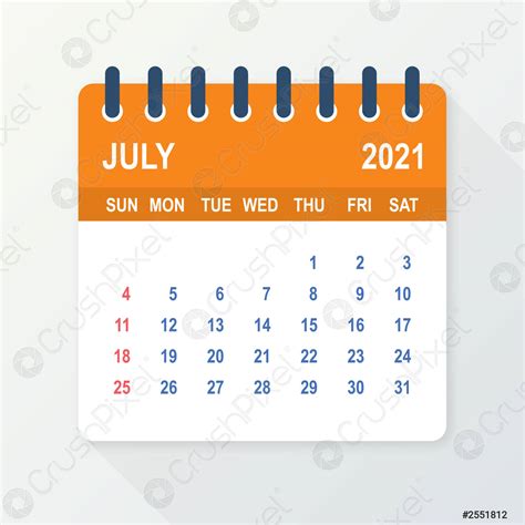 Julio 2021 Calendario Hoja Calendario 2021 En Estilo Plano Vector