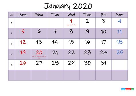 Editable January 2020 Calendar Template K20m457