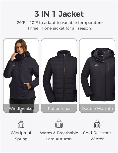 wantdo women s 3 in 1 waterproof ski jacket windproof winter snow coat snowboarding