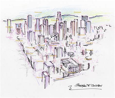 Los Angeles Skyline Color Pencil Drawing Of Downtown In 3d Perspective