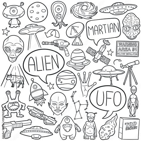Alien Doodle Icon Set Ufo Space Vector Illustration Collection