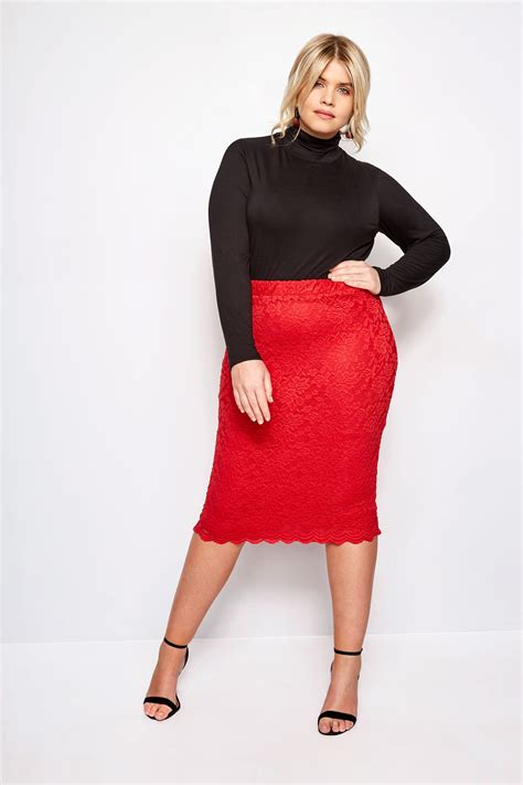 Yours London Red Stretch Lace Pencil Skirt With Scalloped Hem Plus