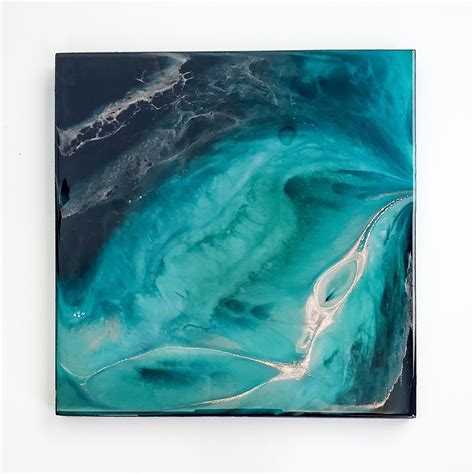 Resin Painting 12 Square Abstract Art Teal Dark Blue Etsy