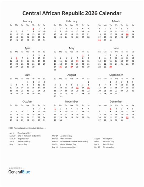 2026 Yearly Calendar Printable With Central African Republic Holidays