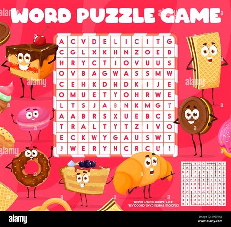Word Search Puzzle Game Cartoon Bakery Sweets And Dessert Characters