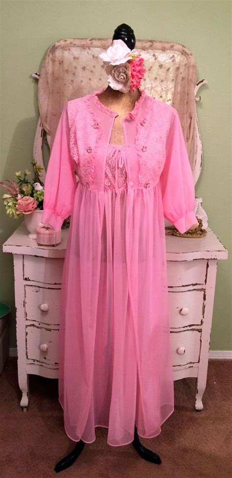 1960s Peignoir Set 60s Pink Robe Nightie Chiffon Lace Lingerie Sheer