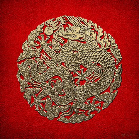Golden Chinese Dragon On Red Leather Digital Art By Serge Averbukh