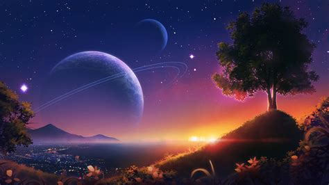 Download 1920x1080 Anime Landscape Planets Tree Sunset