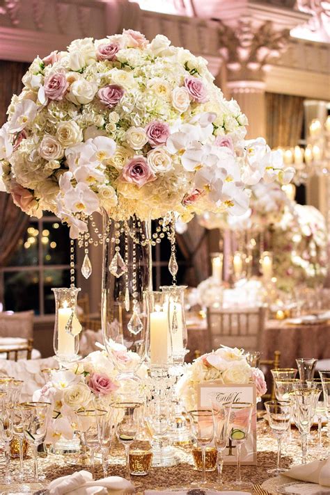 Reception Décor Photos White And Pink Rose Crystal Centerpiece Inside
