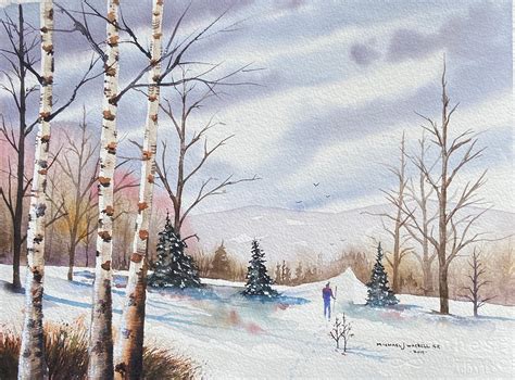 Hiking In A Birch Tree Winter Forest Original Watercolor Painting