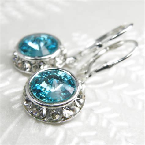 Teal Crystal Earrings Light Turquoise Swarovski Aquamarine Sterling