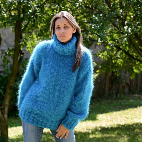 Unisex Light Blue Color Hand Knit Mohair Sweater By Extravagantza