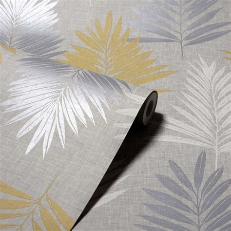 Linen Palm By Arthouse Ochre Grey Wallpaper Wallpaper Direct