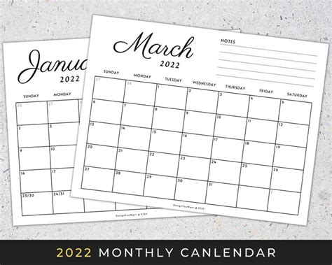 2022 Monthly Calendar Printable Minimalist Calendar 2022 Etsy