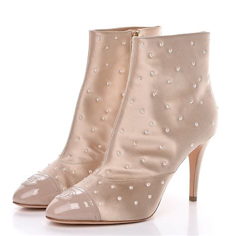 Chanel Satin Pearls Cap Toe Short Boots 40 Light Gold 501884