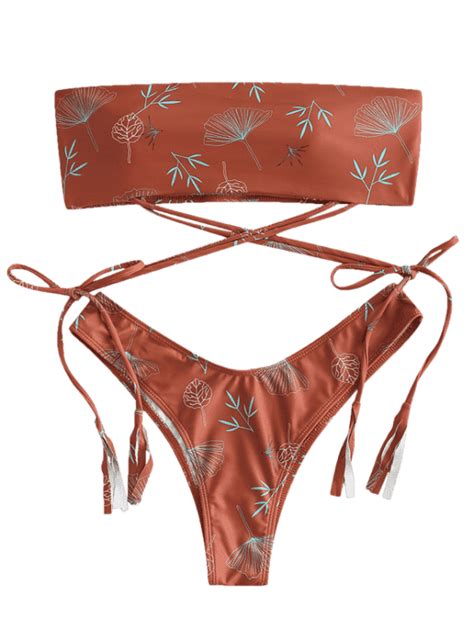 Leaf Print Tie Bandeau Bikini Set Red Fox L Bikinis Bandeau Bikini