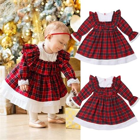 Retro Kids Baby Girl Christmas Princess Dress Plaid Long Sleeve Ruffles