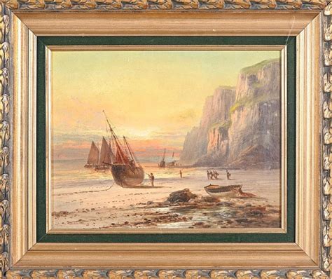 Frank Hider Antique English Oil Painting Fisherfolk On Coastal Rocky