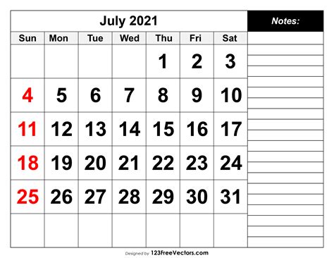 July 2021 Calendar Printable Template