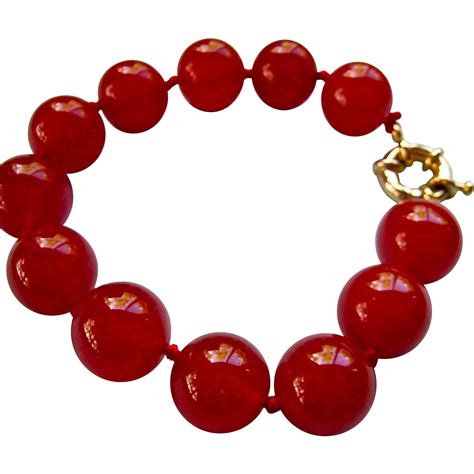 Cherry Red Jadeite Bracelet 14 15mm Diameter Beads Hand Knotted From