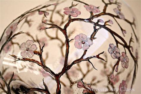 Sakura Cherry Blossom Hand Painted Glass Vase Centerpiece Brandy Glass Swarovski Crystals